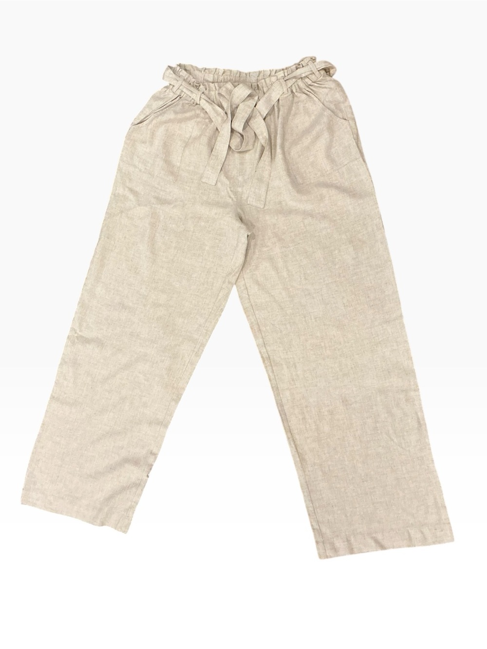 Paperbag Tie-Waist Linen-Blend Pants — Natural Beige